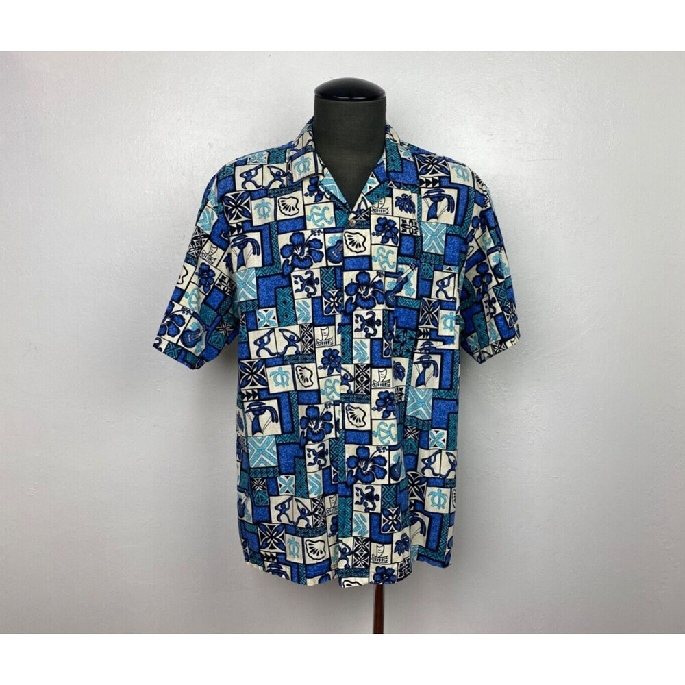Vintage Mens Hawaiian Shirt XL-2XL Blue Geometric Cotton Floral Beach Bum Party